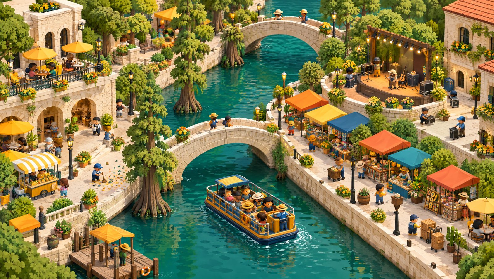 A toy-sized River Walk: stone bridges, cypress trees, a river barge and market stalls