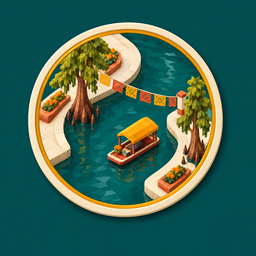 Riverwalk logo: a toy river bend with a barge